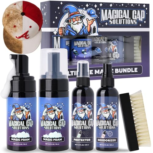 MAGICAL CAP SOLUTIONS Hat Cleaning Kit – 4-Step Headwear Cleaner with Foam, Brush, Deodorizer & Protector – Safe for Baseball Caps, Snapbacks & All Types of Fabrics