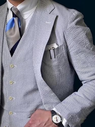 3 Piece Men Seersucker Suits Set Slim Fit Striped Tux Set Casual Beach Wedding Summer Groomsmen Blazer Vest Pants2