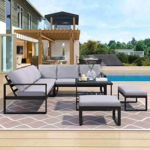 Lumisol Industrial Outdoor Furniture Set, Modern Patio Conversation Set Metal Sectional Sofa With Bench And Coffee Table (Gray, 6 Piece) #TOP1