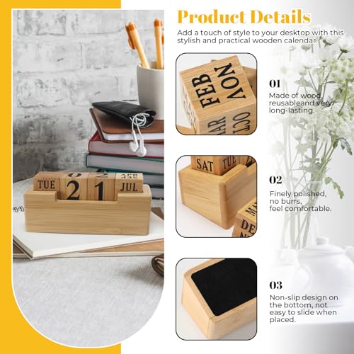 Realand Calendário de blocos perpétuos de madeira para mesa, mesa de madeira, data e dia da semana,