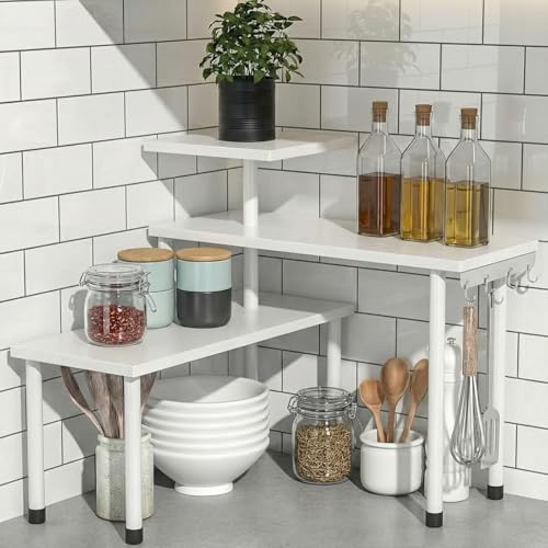 SOONHUA Estantería esquinera para cocina, encimeras de cocina, 3 niveles, especiero con 4 ganchos laterales, orientación ajustable, ahorra espacio, estante de cocina para cocina y zona de café