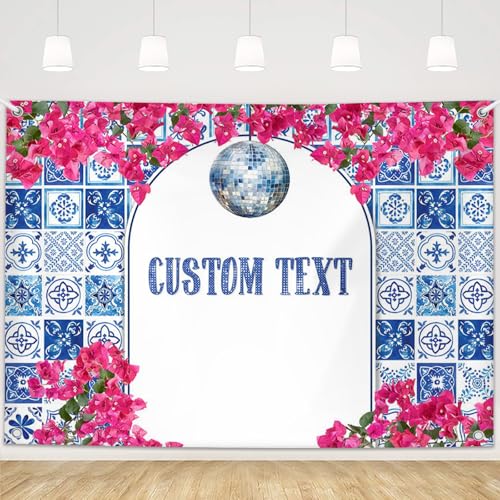 MEHOFOND 7x5ft Customize Disco Birthday Backdrop Personalized Dancing Queen Young Sweet Photography Background Dance Theme Birthday Party Banner Blue Tiles Rose Red Floral Party Photo Props