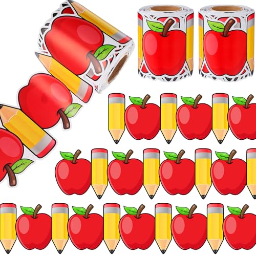 Weekgrat 1 Roll 32.8 ft Bulletin Board Border Back to School Decorations Non Stick Bulletin Border Roll for Classroom Chalkboard Wall Window Door Decor (Apple and Pencil)