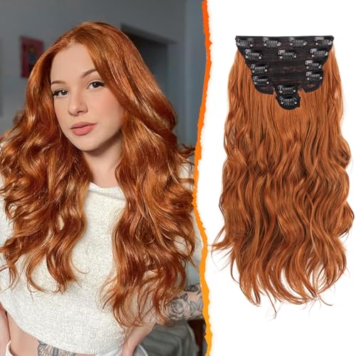 BARSDAR Clip en Extensiones de Cabello Cobre, 40cm 6 Piezas Ondulado Clip en Extensión de Pelo para Mujer Rizado Natural Sintético Cabello Extensiones Postizo   Jengibre Cobre