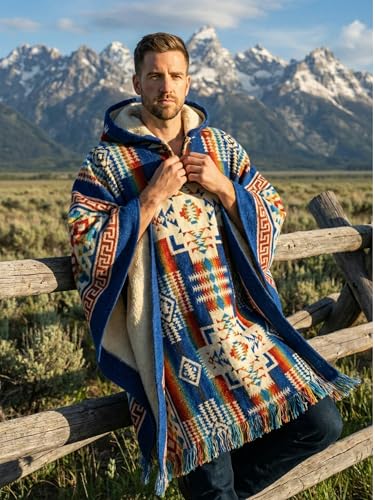 Image of Wool Poncho Adult Ponchos With Hood for men Alpaca Poncho Men Artesanal Ponchos Adult Alpaca Mens Panchos