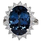 HARSHALI GEMS Anillo solitario ovalado natural de 10,45 quilates con topacio azul Londres y halo de diamante, oro blanco de 14 quilates, piedra preciosa, oro blanco