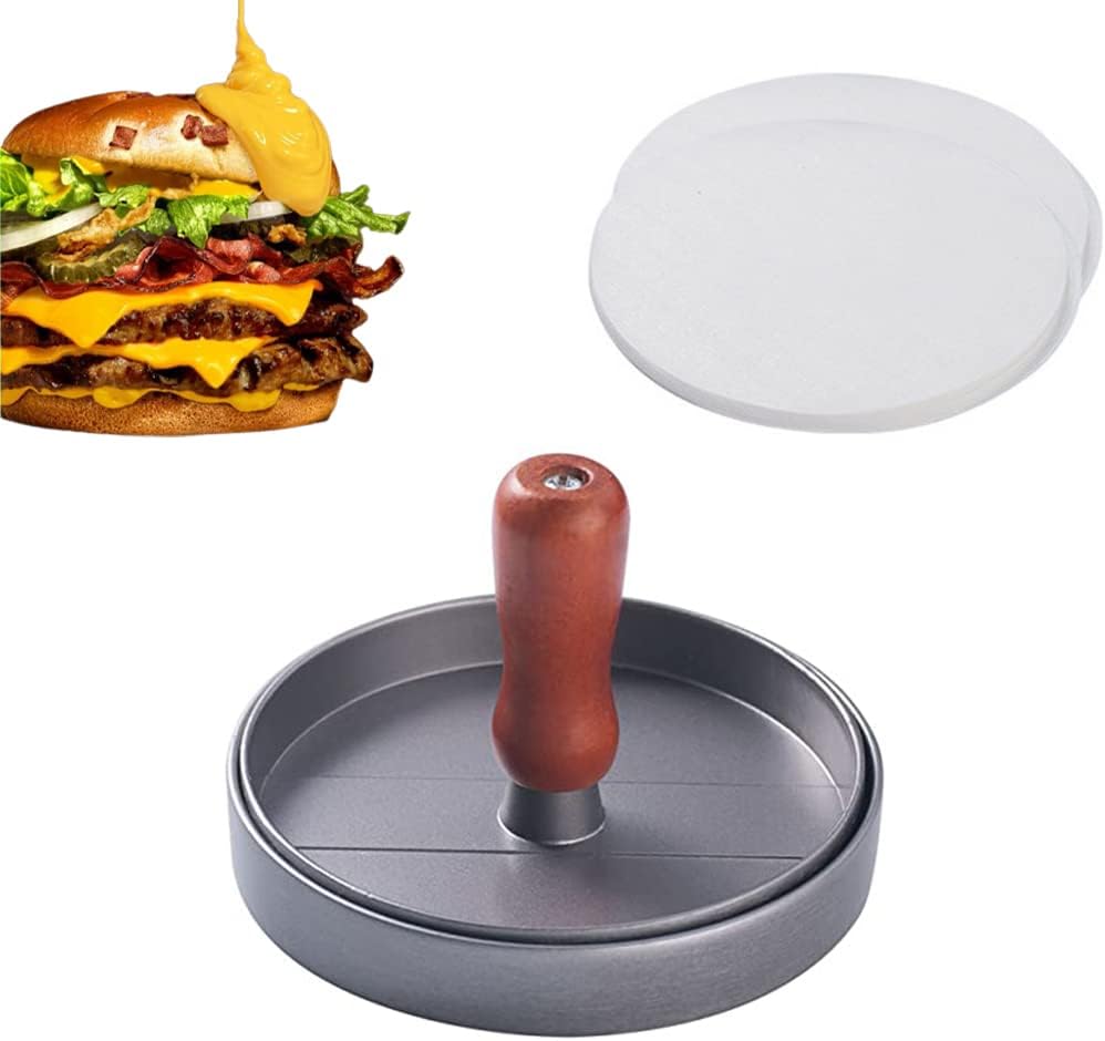 Burger press + 100 Wax Discs, cast iron non-stick burger press, food grade aluminum burger press, BBQ kitchen meat press, suitable for making burgers, patties, meatballs, BBQ.