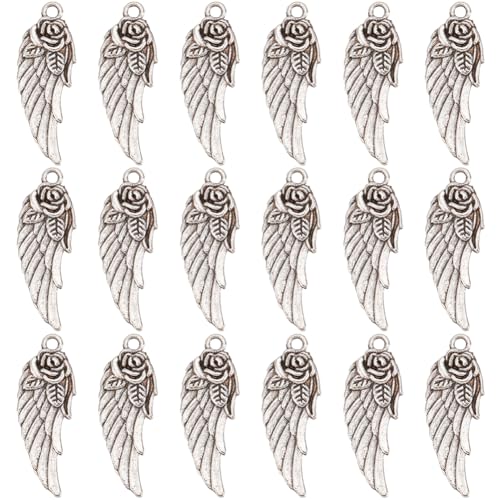 SUNNYCLUE 1 Box 100Pcs Angel Wings Charm Silver Love Charms Alloy Tibetan Rose Feather Flower Angle Wing Valentine Bulk for jewellery Making Women Diy Bracelets Earrings Necklaces Crafts