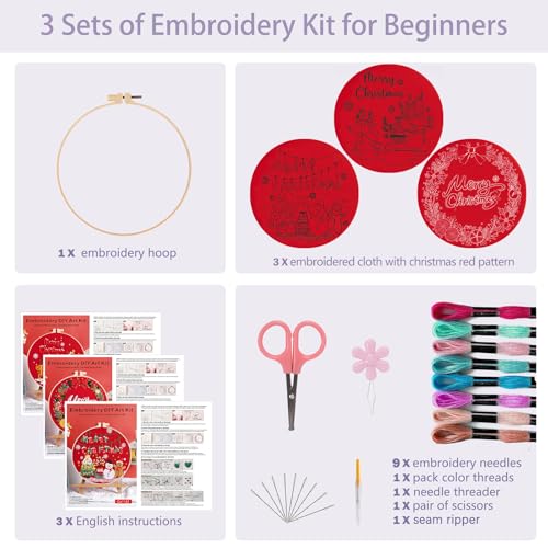 Image of Offizon 3 PCS Embroidery Kit for Beginners Stamped Christmas Red Pattern | Cross Stitch DIY Craft Set, Hoop Included, Santa Embroidery Accessories, Stitching Sewing Kit Gift for Adults