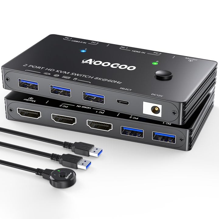 Image of HDMI2.1 KVM Switch 8K@60Hz, Single Monitor KVM Switch for 2 PC Sharing 1 Monitor with USB 3.0 Port,Wired Remote,USB3.0 Cables Included
