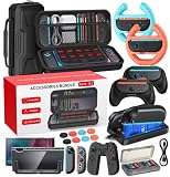 Switch 2 Zubehör, Unverzichtbares Zubehörpaket, 20-IN-1-Spieleset Bundle,Reisetasche,Switch 2 Controller Ladestation,Displayschutzfolie,Schutzhülle,Lenkräder,Griffe für Joy Con 2 (Schwarz)