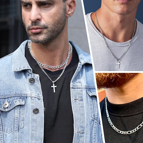WEDDINEN Cross Necklace for Men Boys, Stainless Steel Layered Cross Pendant Cuban/Figaro Chains Christmas Jewelry Gifts4
