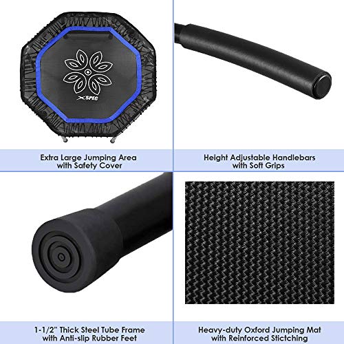 Xspec 44\" Silent Fitness Mini Trampoline with Adjustable Handrail Bar, Blue/Black - Thumbnail 4