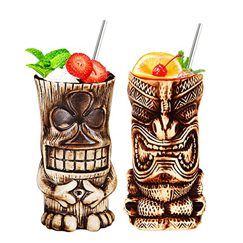 NUACOS Tiki Becher,Tiki gläser Set,Cocktail Becher,2-teiliges Cocktailgläser-Set,Tiki barzubehör,Hawaii-Party für Premium Tropische Tassen Getränke für exotische Party Cover