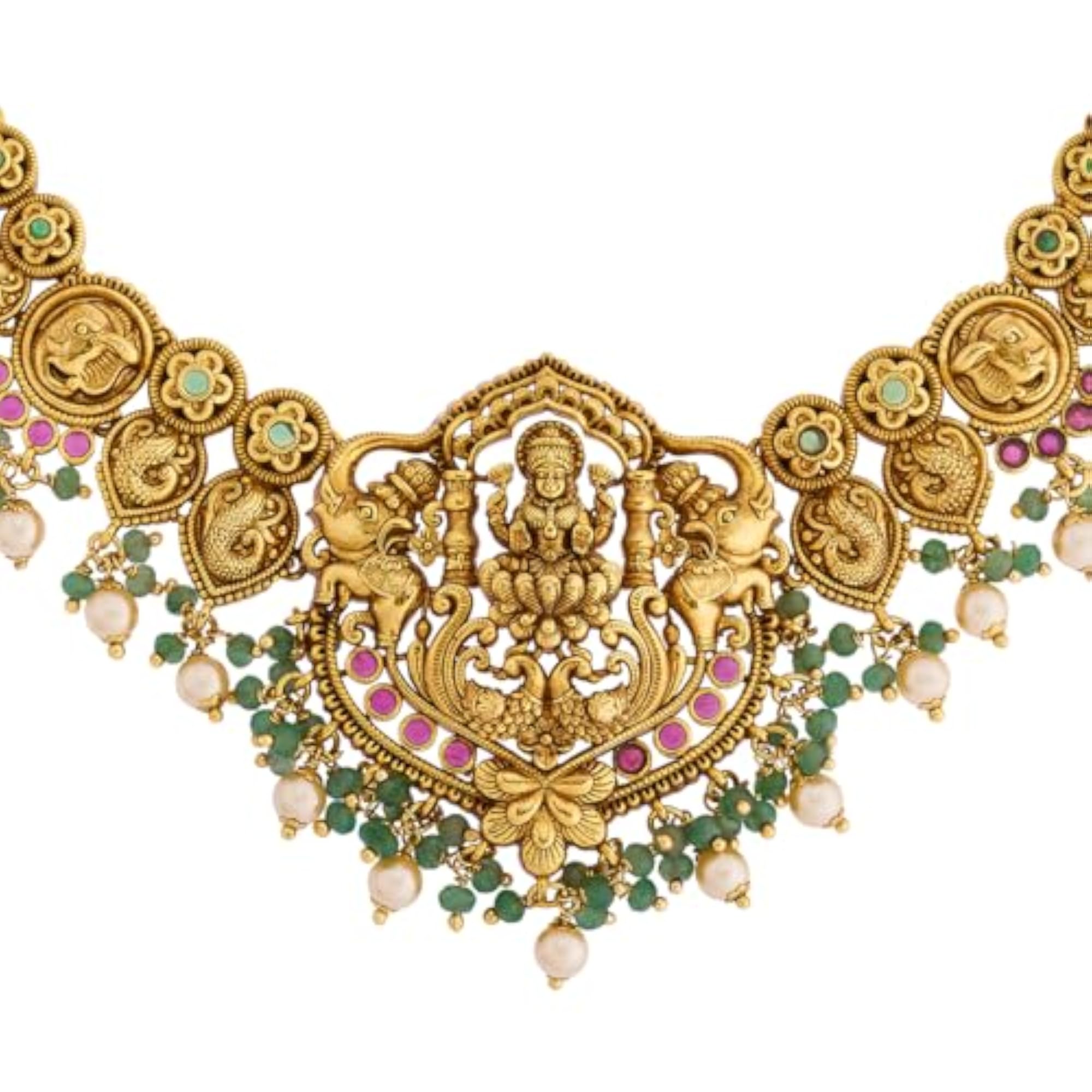 Ruby-Green Gold Plated Antique Necklace Set with Jhumka Earrings