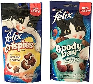 Felix Goody Bag & Crispies Cat Treats Bundle - Crispies (Beef & Chicken) and Seaside Mix (Salmon, Pollock & Trout) 60g (one bag of each)
