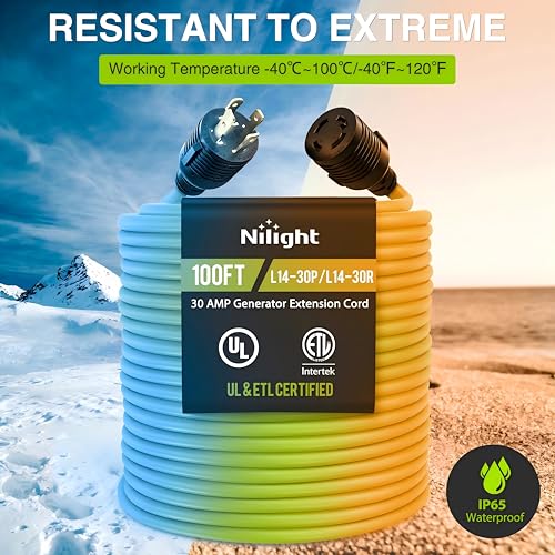 Image of Nilight 100FT 30 Amp Generator Extension Cord 10 /3 Gauge L14-30P to L14-30R | 125V Heavy Duty Pure Copper STW Wire UL ETL Listed 3 Prong Weatherproof Suit for Camper Outdoor Use Bright Green