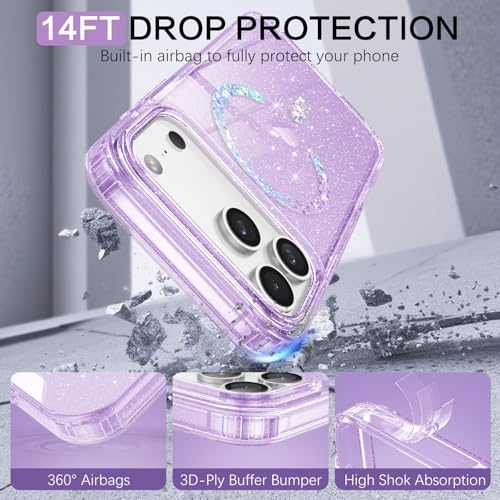 Image of BENTOBEN Magnetic for iPhone 17 Pro Max Case, Clear Crystal Glitter Bling 17 Pro Max Phone Case [Compatible with MagSafe], Shockproof Sparkly Cute Women Girl Cover for iPhone 17 Pro Max, Purple