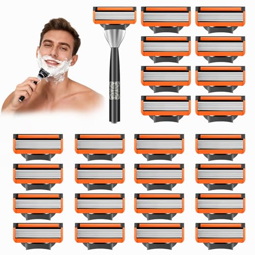 Lames de Rasoir Humide pour Hommes, Paquet de 24 Lames de Rasoir fu-sion 5, 1 Réutilisable Manche + 24 Cartouches De Recharge, Pour Un Rasage Manuel Efficace,...