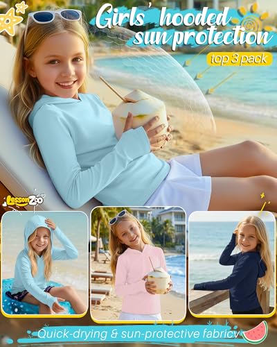 Image of 3 Pack Girls Sun Protection Swim Shirts UPF 50+ Long Sleeve Rash Guard Lightweight Quick Dry Hoodies with Thumbhole