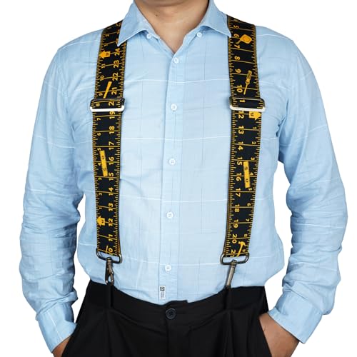 KUNN 2Inch Tape Measure Mens Suspenders with Bronze Hooks for Belt Loop Heavy Duty Work Braces,Black Rule