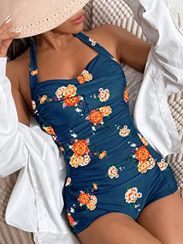 Molybell Boyleg Ruched Swimsuit Tummy Control Floral Monokini Boyshort Swimsuit Halter Vintage Bathing Suit Athletic Training One Piece Swimwear (Blue Flower, Large) #TOP6