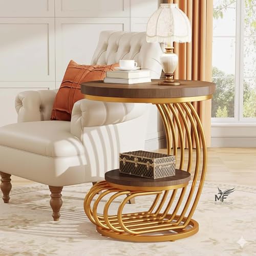 Image of MELVON End Table /Side Table with Walnut Engineered Wood Top & Golden Metal Frame, 2 Tier Storage for Living Room, Bedroom, Bedside & Balcony | Golden & Walnut
