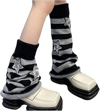 Women Girls Leg Warmers Y2k Star Skull Harajuku Gyaru Japanese Goth Leg Warmers Knit Striped Long Leg Cover