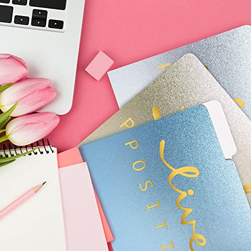 Decorative File Folders, 12 Pack, 6 Colors/6 Phrases, 12 Unique Designs, Heavyweight, Letter Size (9.5 X 11.5") With 1/3 Cut Tab, Gold Foil Positive Thoughts, Fashion Folders By Better Office Products #TOP2