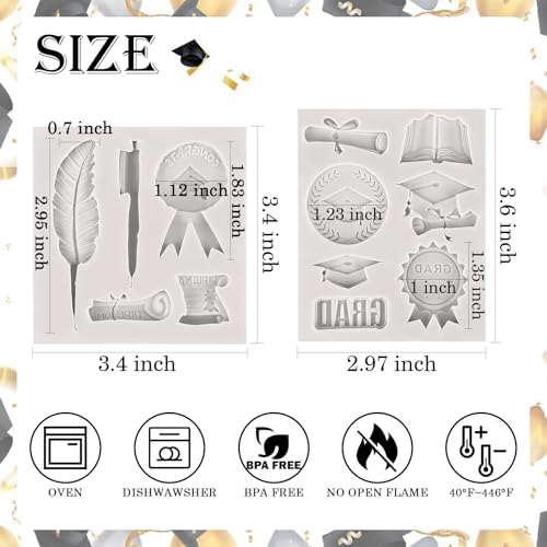 Image of Sakolla 2 Pack 2026 Graduation Candy Chocolate Molds, Doctoral Cap Diploma Scroll Badge Pen Shape Fondant Silicone Molds for Party Cake Decoration(Mini /Grey)
