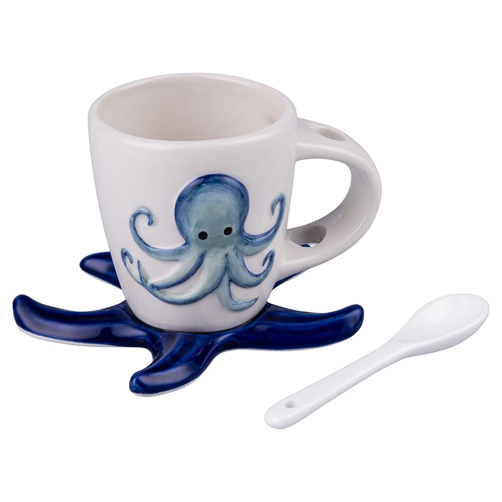 Set 6 Tazzina caffè 90 ml in ceramica con cucchiaino, decoro marino, Ocean