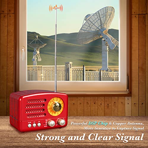 Image of PRUNUS J-160 Small Retro Vintage Radio with Bluetooth Speaker, Portable Transistor AM FM SW, Rechargeable Battery Operated, Support TF Card AUX USB MP3 Player(Red)