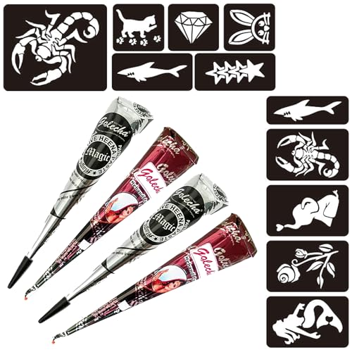 Naturic 4x Henna Tattoo Temporäre Tattoo + 11x Henna Tattoo Schablone Temporäre Mehndi Tattoos Natürliche Kegel Tattoo sticker Temporäre Tätowierung Schwarz Rot Braun