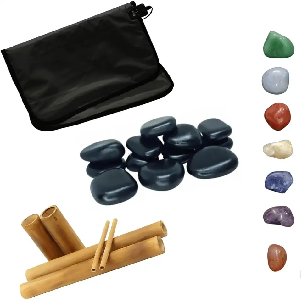 Kit Massagem 12 Pedras Quentes Vulcânicas + Bolsa Térmica 127V + 7 Cristais dos Chakras + Bambus para Massagem - Massoterapia Completa com Bambuterapia para Bem-Estar e Equilíbrio Energético