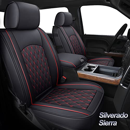 Huidasource Silverado Seat Covers, Waterproof Faux Leather Front Rear Full Seat Covers Compatible with Chevy Silverado GMC Sierra Pickup 2014-2018 1500, 2015-2019 2500HD 3500HD(Full Set/Black&Red)