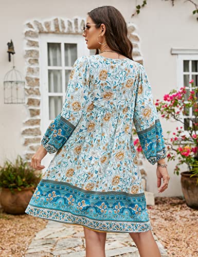 Image of Bluetime Women Casual Summer Dress Boho V Neck 3 /4 Sleeve Babydoll Floral Print Flowy Beach Dress