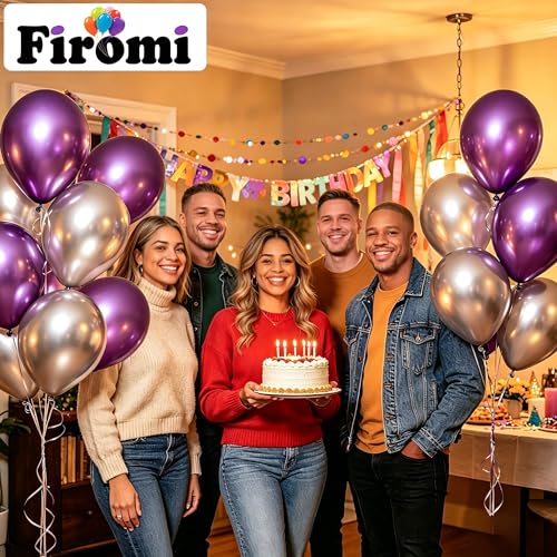 Image of Firomi Metallic Chrome Silver Balloons 12-inch 100 Pack (with 3 Ribbons) | Thicken Helium Shiny Silver Latex Balloon for Wedding Birthday Party New Year