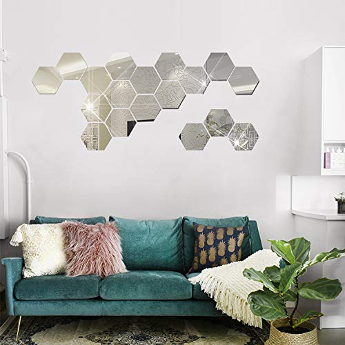 HOODDEAL DIY Mirror Hexagon Wall Stickers Acrylic Living-Room Decorative Art Decals Self Adhesive Wall Decor for Home Decoration,3.2 x 2.8 x 1.6 inches (24 PCS, Silver)