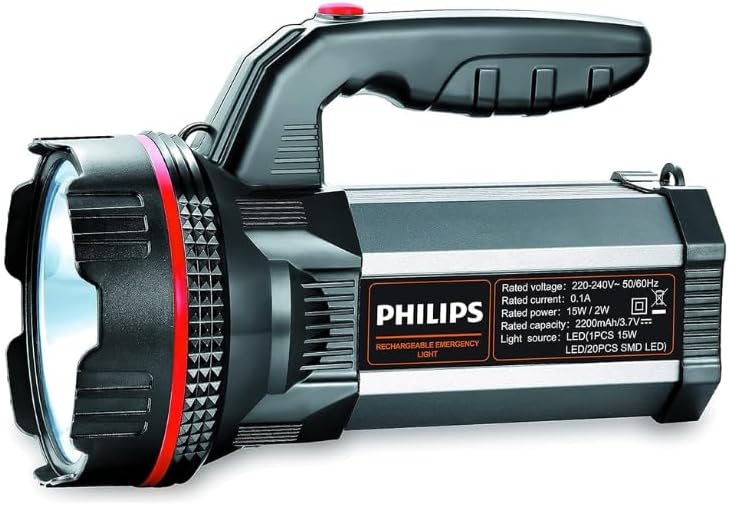 PHILIPS Blaze Rechargeable LED Flashlight Emergency Multifunctional Synthetic Resin and Metal Flashlight, 4 Lighting Modes, 2200mAh Battery with Up to 4 Hours Backup