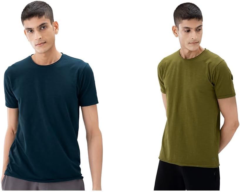 DAMENSCH MenĂ¢â‚¬â„¢s Slim Fit Cotton-Elastane Blend Half Sleeve Casual T-shirt | Round Neck T-shirt Pack of 2