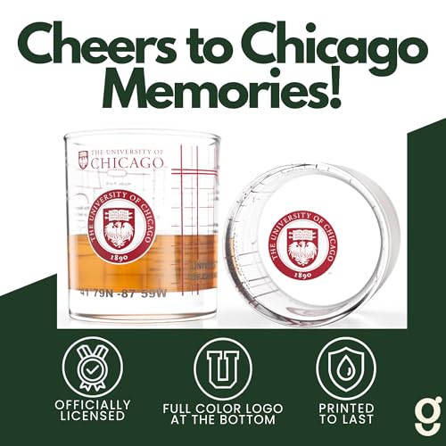 Image of Greenline Goods University of Chicago Maroons Whiskey Glasses Set of 2, 10 oz Rocks Glasses with Full-Color Logo & Campus Map - Officially Licensed Bourbon Glass Gift for Alumni & Fans