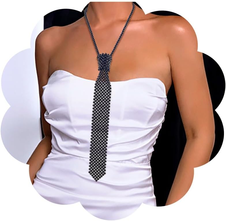 Pearls Neck Tie Handmade Weaving Shirt Necklace Neck Tie Black Pearls Tie Necklace for Women