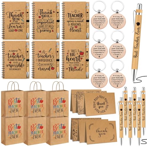 iZoeL 6 Pack Gift for Teacher End of The Year Teacher Keyring Notebooks Bamboo Pens Thank You Card Gift Bags Appreciation Gifts from Students Teaching Assistant Nursery School