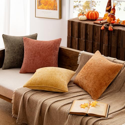 Image of MIULEE Decorative Chenille Fall Pillow Covers Orange Brown 20x20 Pack of 4
