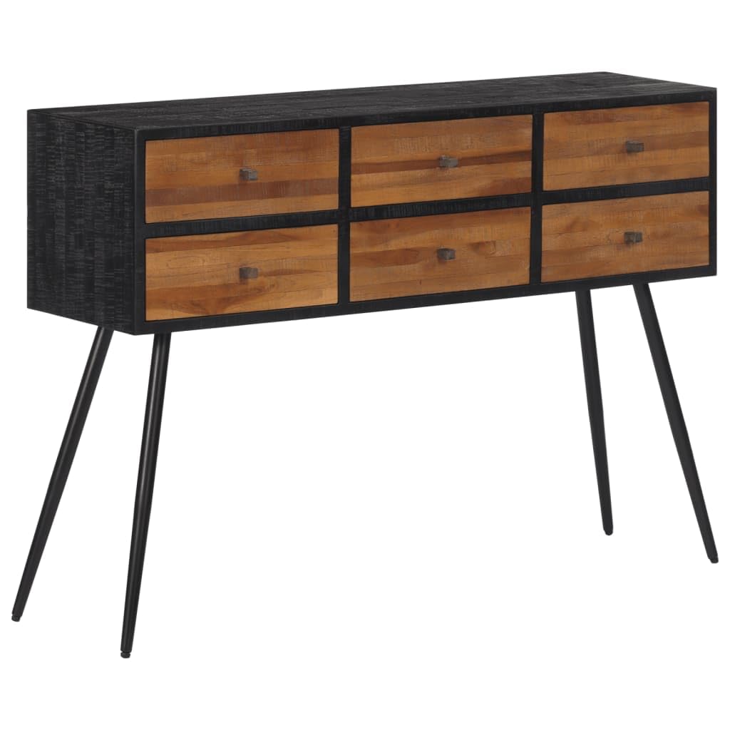 Tavolo consolle con cassetti in legno massiccio di teak riciclato e struttura in ferro nero, 116 x 30 x 76 cm, versatile tavolino da corridoio e soggiorno, con spazio per decorazione e