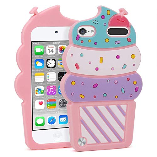 for iPod Touch 7 Case, iPod Touch 6 Case, iPod Touch 5 Case Cute 3D Cartoon Cherry Cupcakes Ice Cream Shaped Kids Girls Rubber Silicone Shockproof Cover for iPod Touch 7th 6th 5th Generation (Pink)