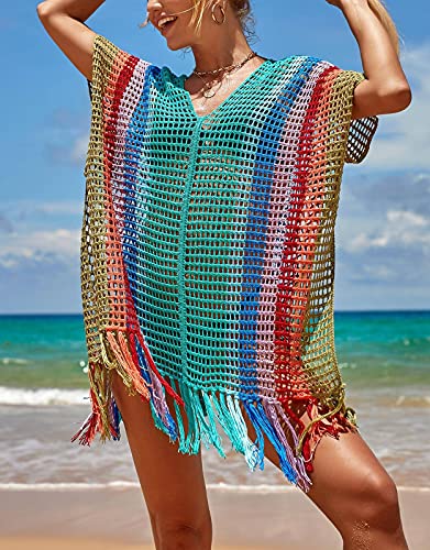 Shermie Women'S Rainbow Swimsuit Cover Up V Neck Hollow Out Side Open Tassels Crochet Beach Cover Up thumb #3