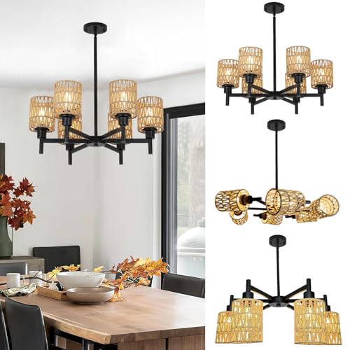 Lampara Araña Techo Negro Vintage 6 Luces, Ratán Boho Luz Colgante para Isla de Cocina Altura Regulable Pantalla de Tejida a Mano E27 Rústica Retro Iluminación de Techo para Comedor Salón Dormitorio