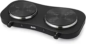 BAK Fogão Elétrico Portátil, 2 Bocas, 2500W, 5 Níveis de Temperatura, Mesa, Antiaderente, 110V, Preto