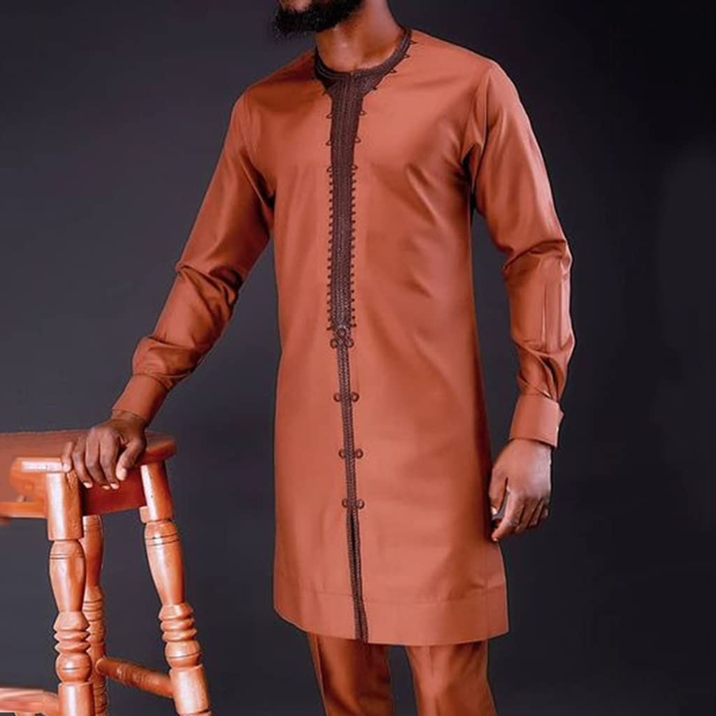 Afrykańskie Ubrania Dla Mężczyzn Tradycyjny Garnitur Dashiki i Spodnie Bluzki Z Długim Rękawem Drukuj Strój 2 Sztuka Zestaw Dres (Color : Brown, Size : XXL)
